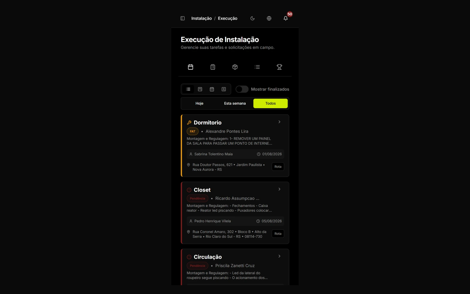 Execução de instalação no celular pelo Cerne, com checklist e captura de evidências