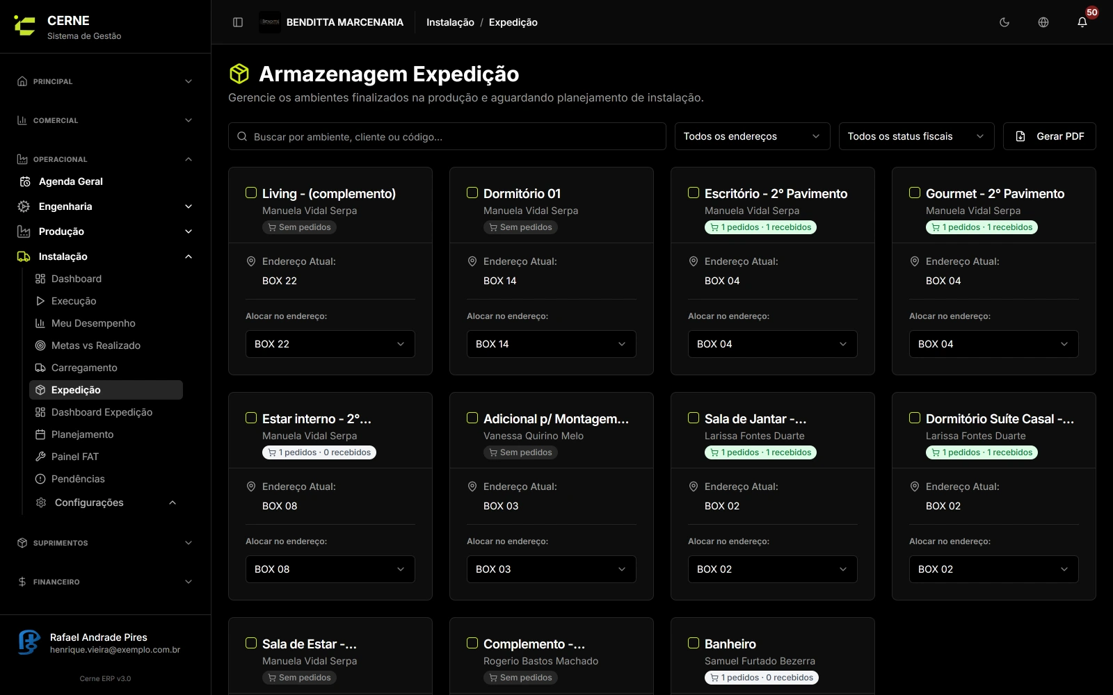 Tela de expedição do Cerne, com ambientes alocados em box e tempo em galpão