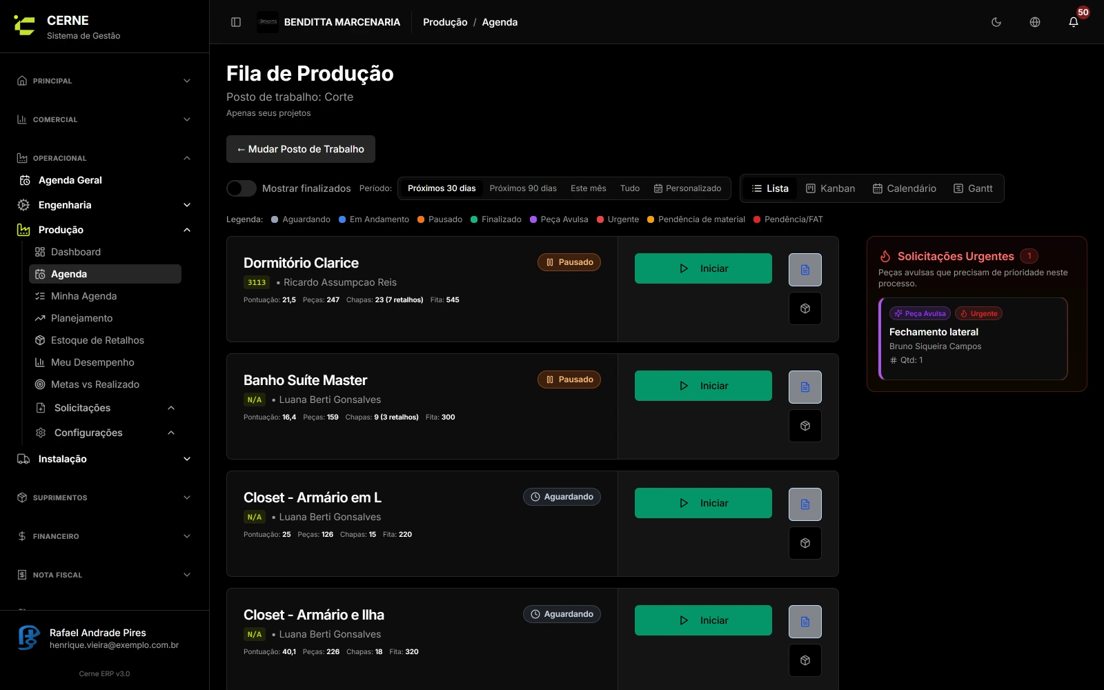 Agenda de produção do Cerne por posto de trabalho, com cards do operador responsável