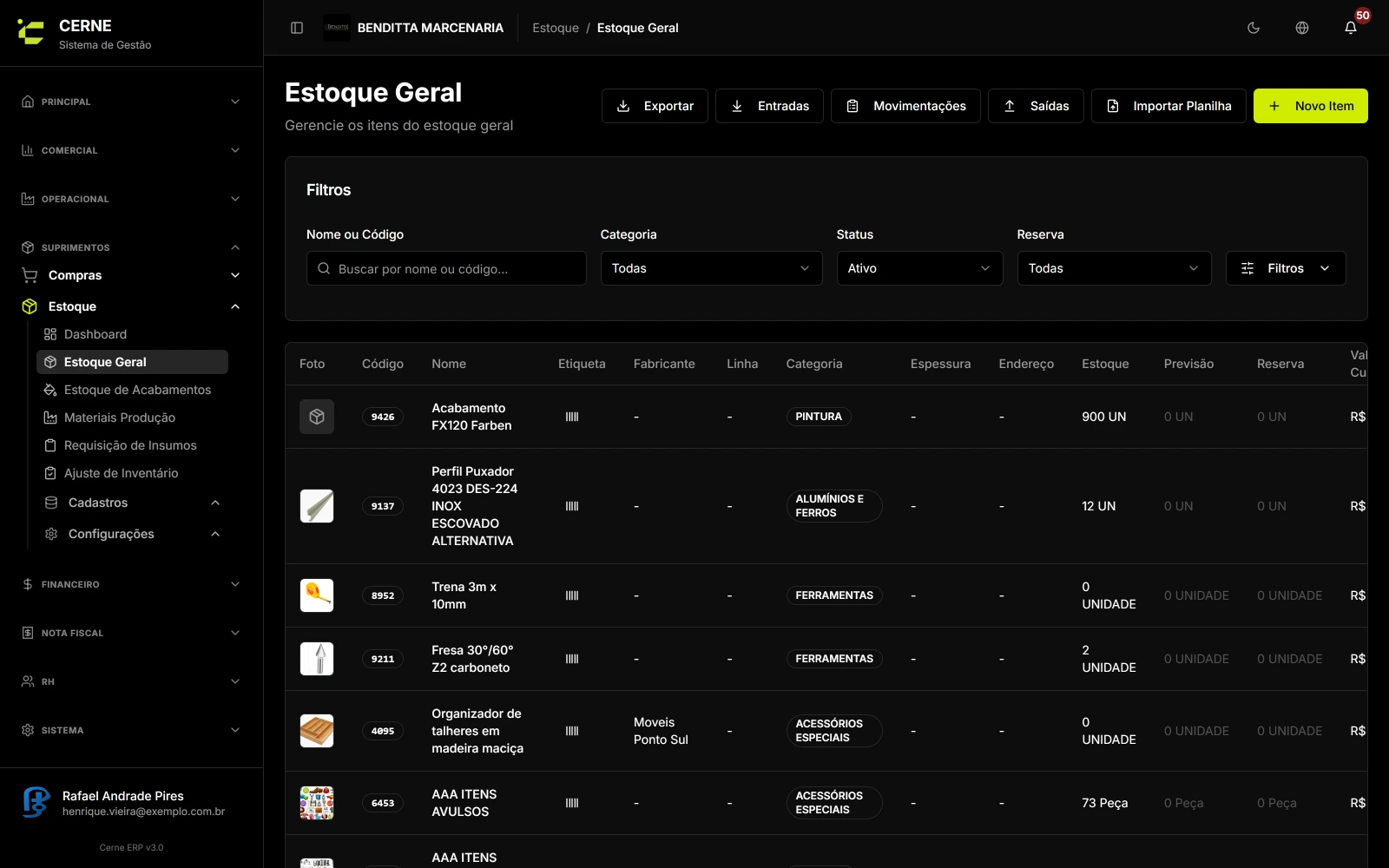 Listagem de estoque geral do Cerne, com saldo, reserva e filtros por categoria